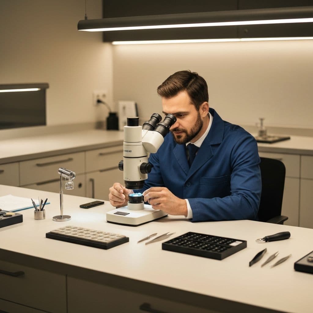 Gemmologist examining a gemstone through a microscope